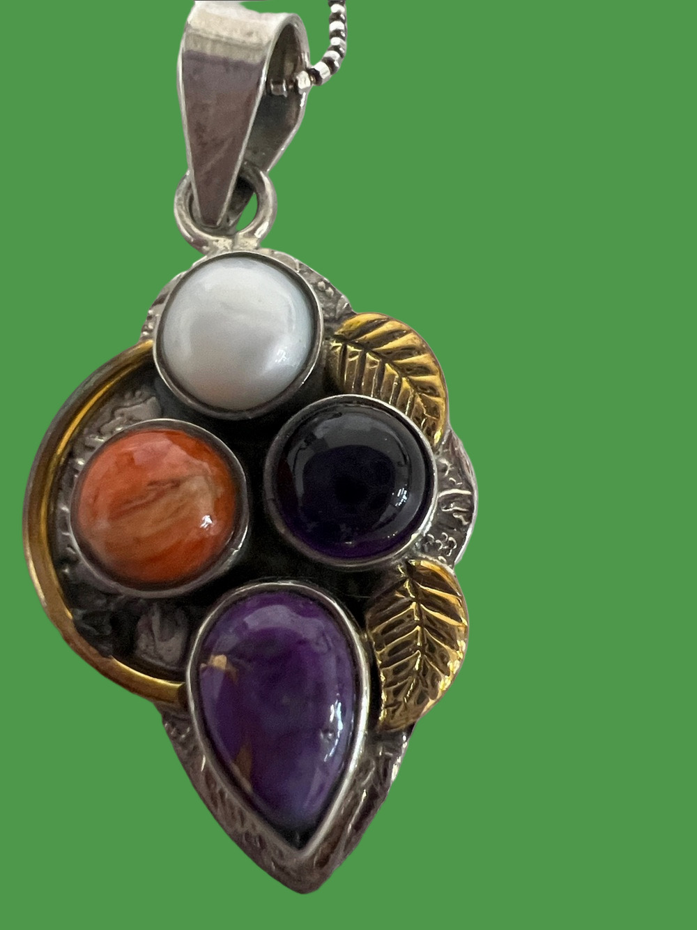 Sterling Multi-Stone Leaf Pendant Necklace - Purple, Orange, White,